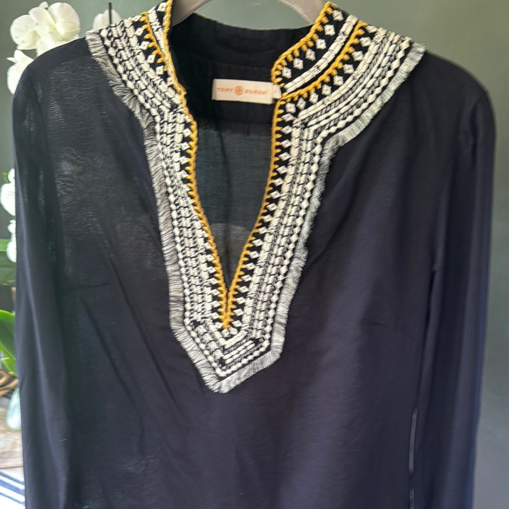 Tory Burch navy blue Tunic with White and Gold Embroidery